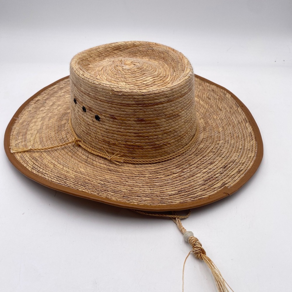 Hecho En Mexico Straw Wide Brim Lifeguard Hat 6 7/8 Tan Sun Protection Strap